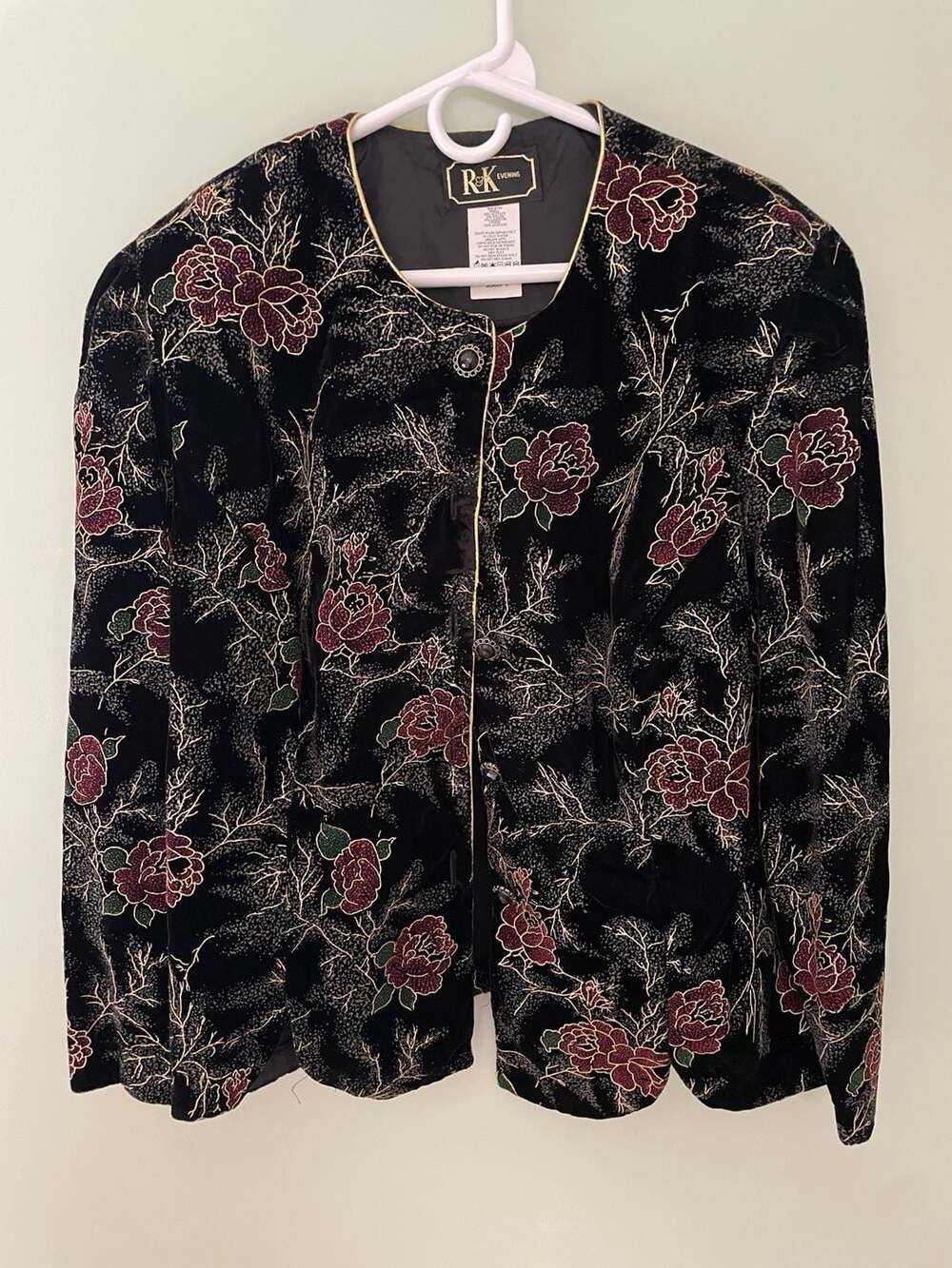 Vintage R&K Evening Black Velvet Floral Rose Gold Glitter Embellished Jacket Siz